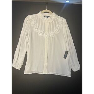 Alice Blue White Lace Collar Button Down Blouse Women's Size L Textured Dreamy